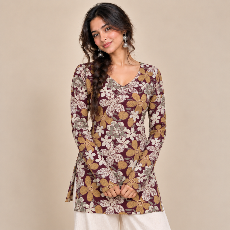 Burgundy Floral- Straight Sleeve Kurti