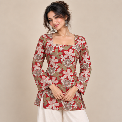 Floral Red- Square Neck Kurti