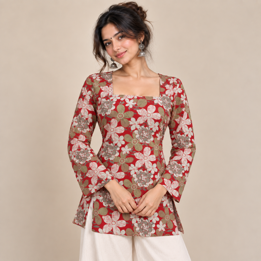 Floral Red- Square Neck Kurti
