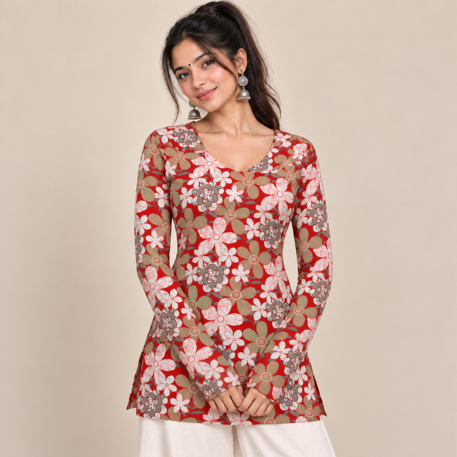 Floral Red- Straight Sleeve Kurti