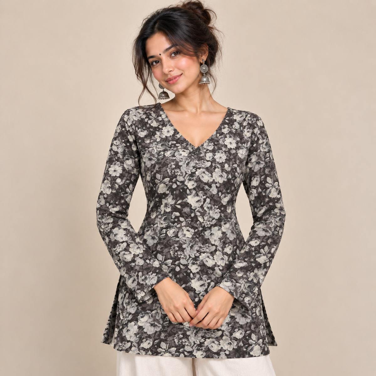 Dark Floral- Straight Sleeve Kurti