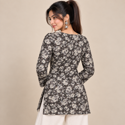Dark Floral- Square Neck Kurti