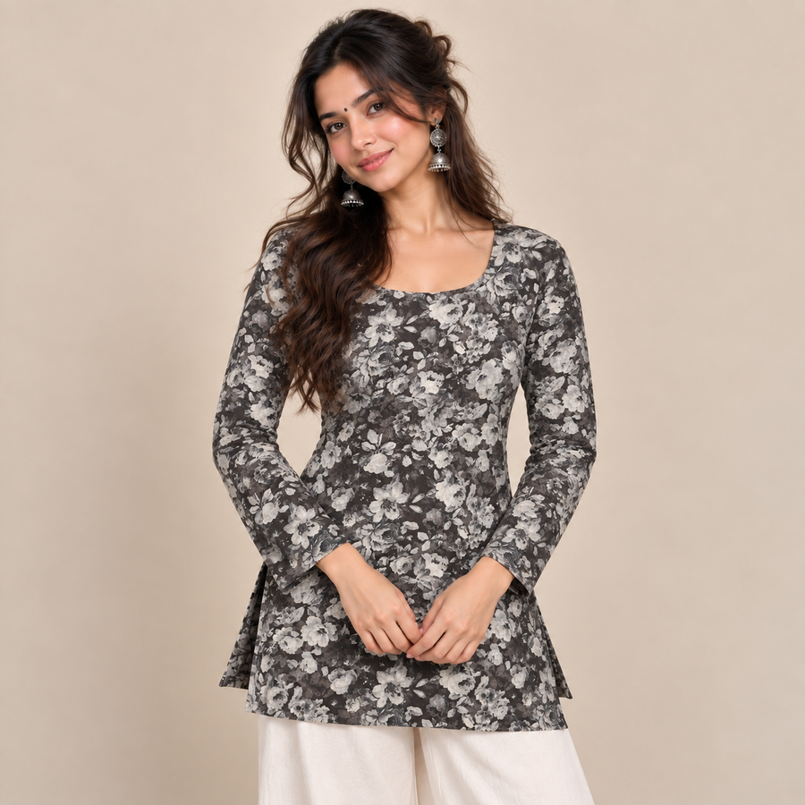 Dark Floral- Boat Neck Kurti