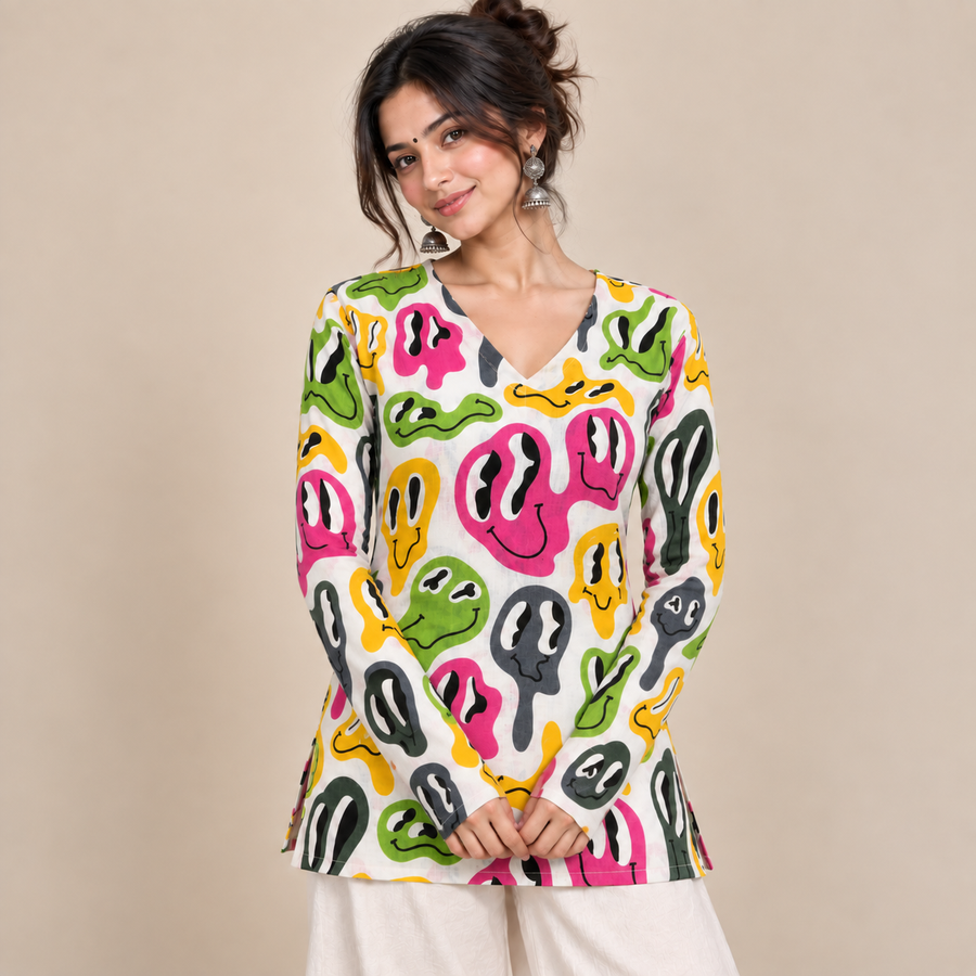 Pop Art Faces- Straight Sleeve Kurti