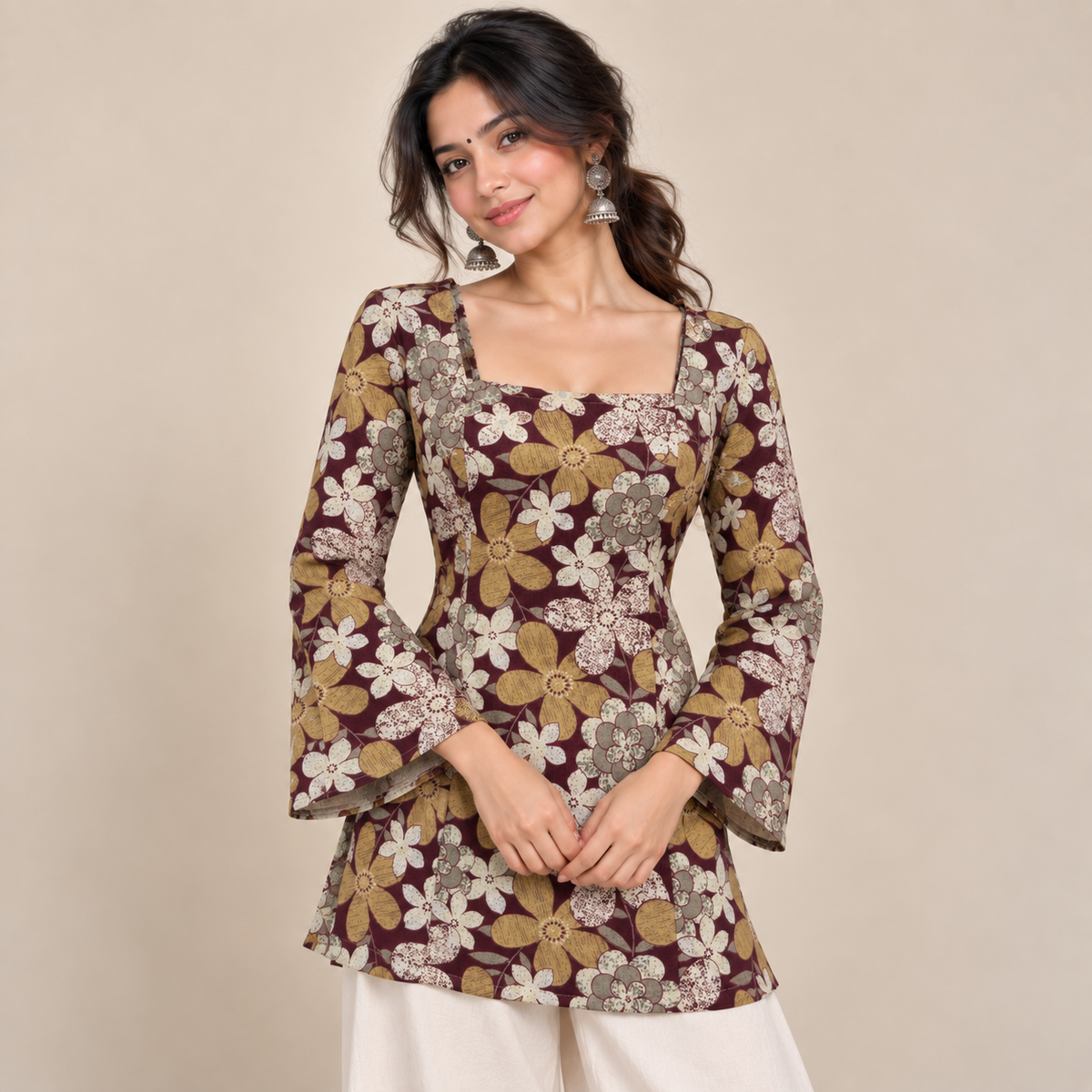Burgundy Floral- Corset Back Kurti