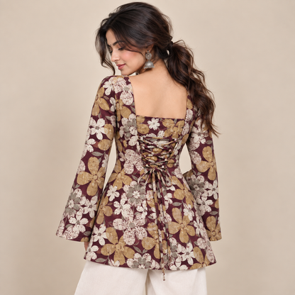 Burgundy Floral- Corset Back Kurti