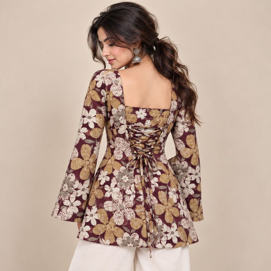 Burgundy Floral- Corset Back Kurti