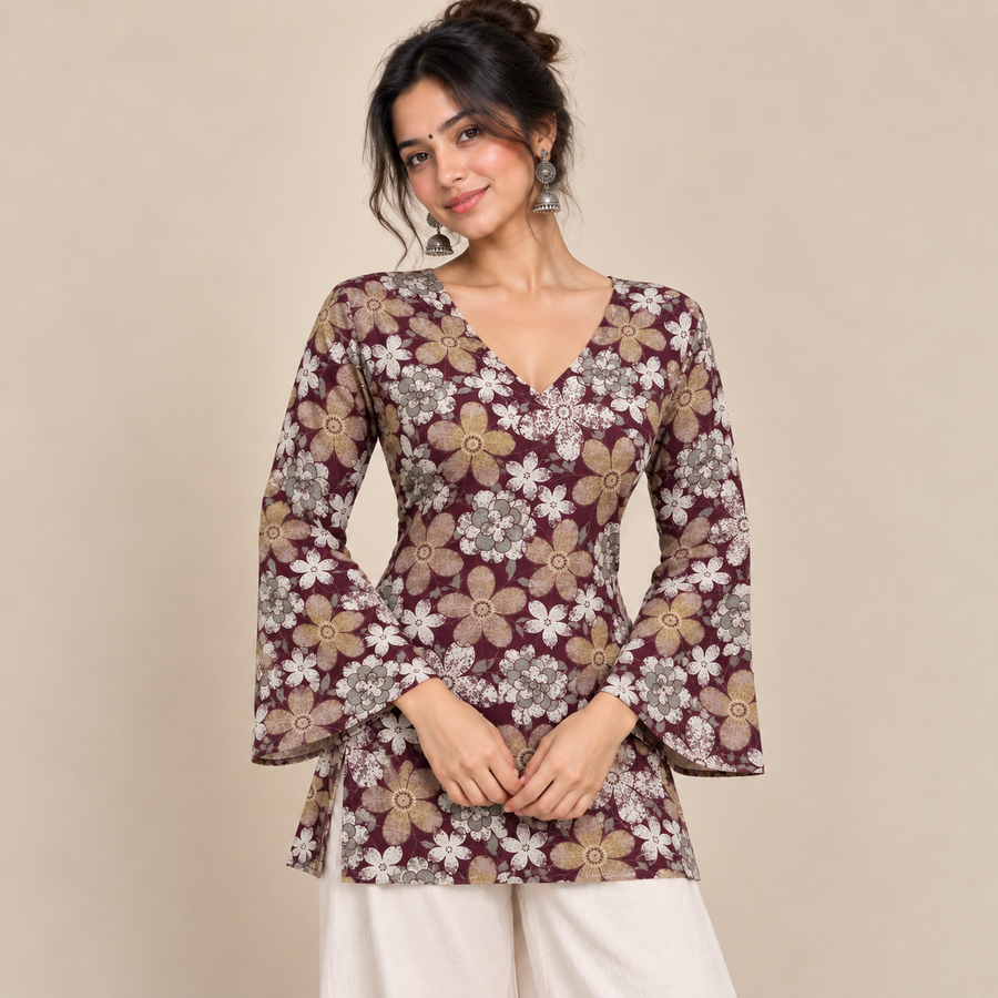 Burgundy Floral- Bell Sleeve Kurti