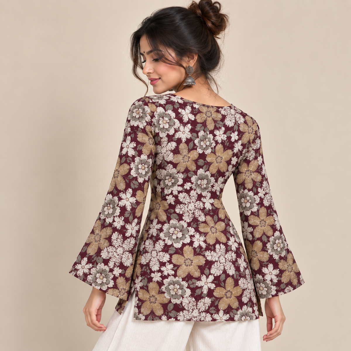 Burgundy Floral- Bell Sleeve Kurti