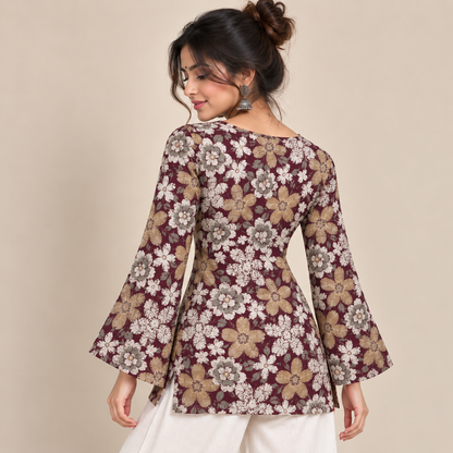 Burgundy Floral- Bell Sleeve Kurti