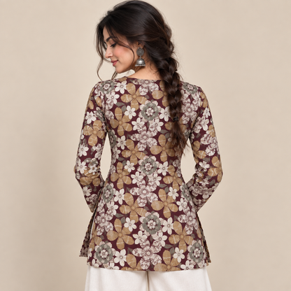 Burgundy Floral- Square Neck Kurti