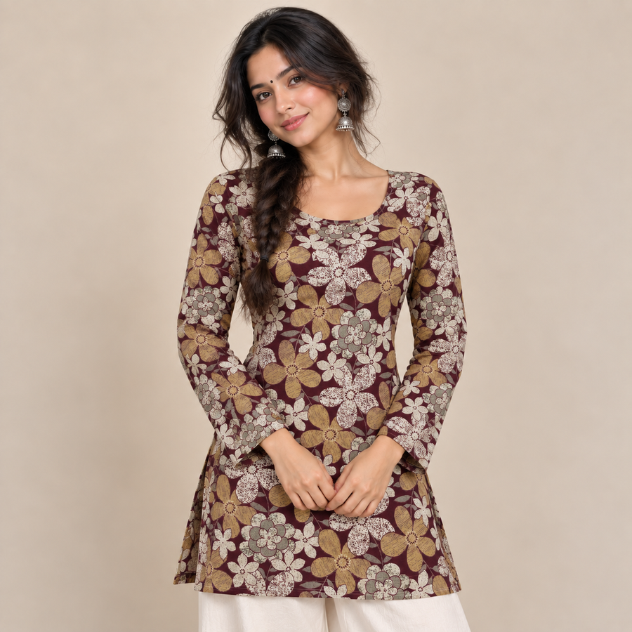 Burgundy Floral- Boat Neck Kurti