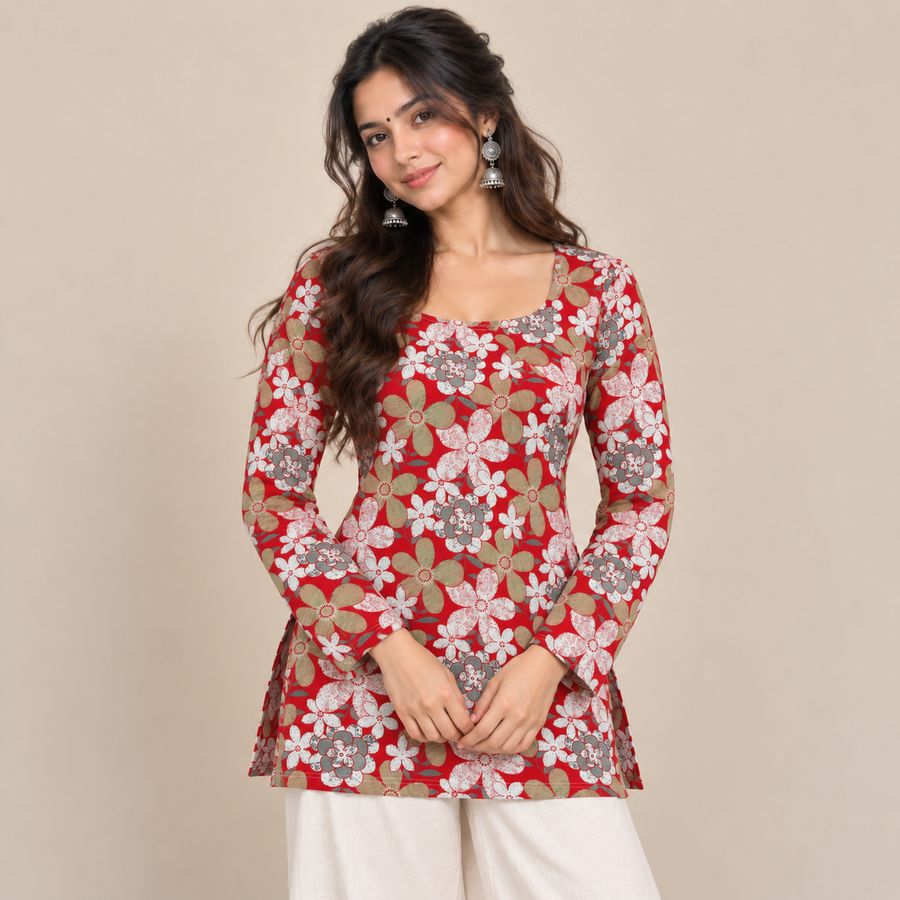 Floral Red- Boat Neck Kurti