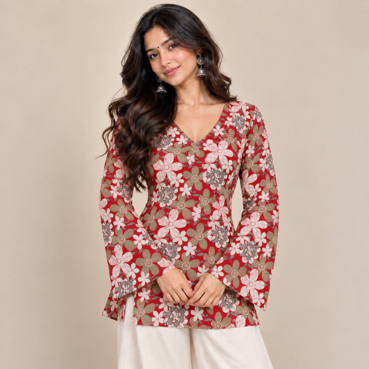 Floral Red- Bell Sleeve Kurti