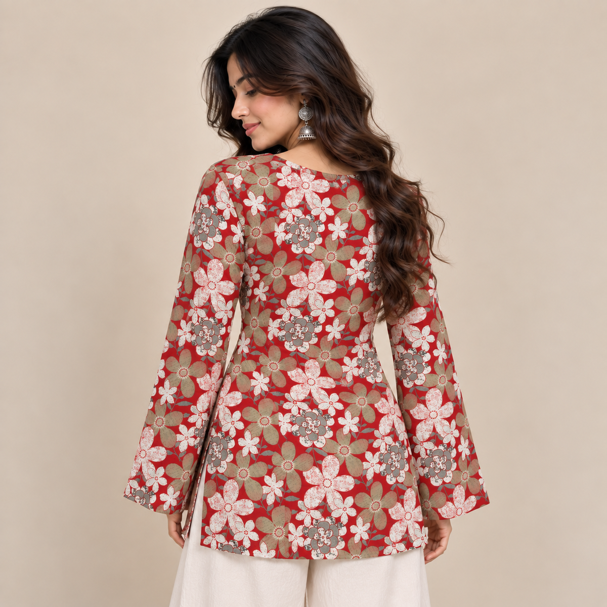 Floral Red- Bell Sleeve Kurti