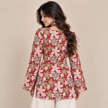 Floral Red- Bell Sleeve Kurti