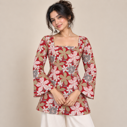Floral Red- Corset Back Kurti