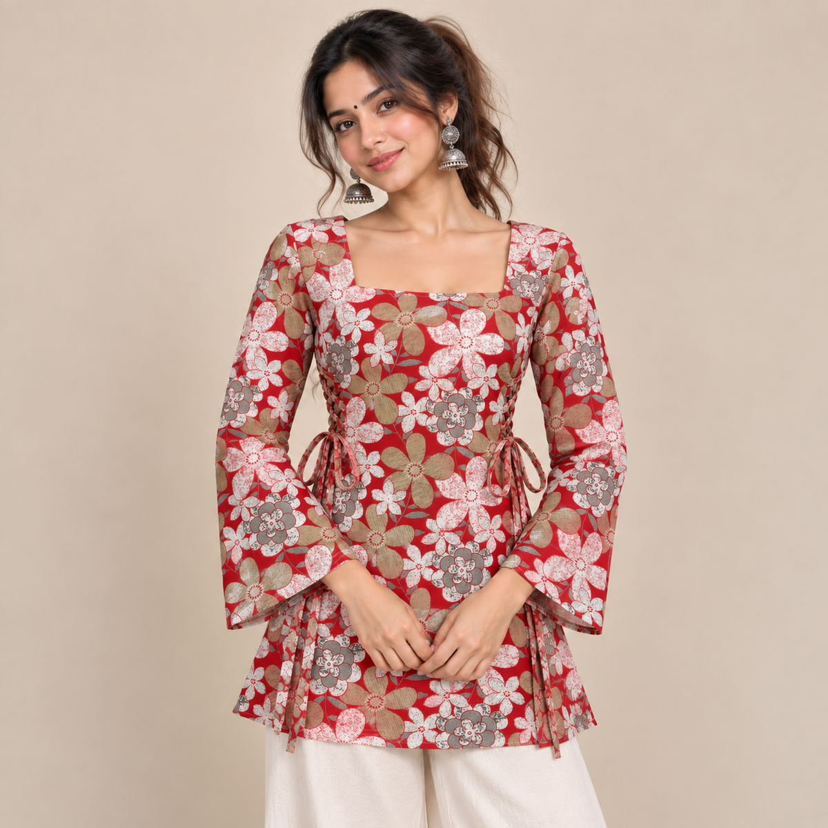 Floral Red- Side Corset Kurti