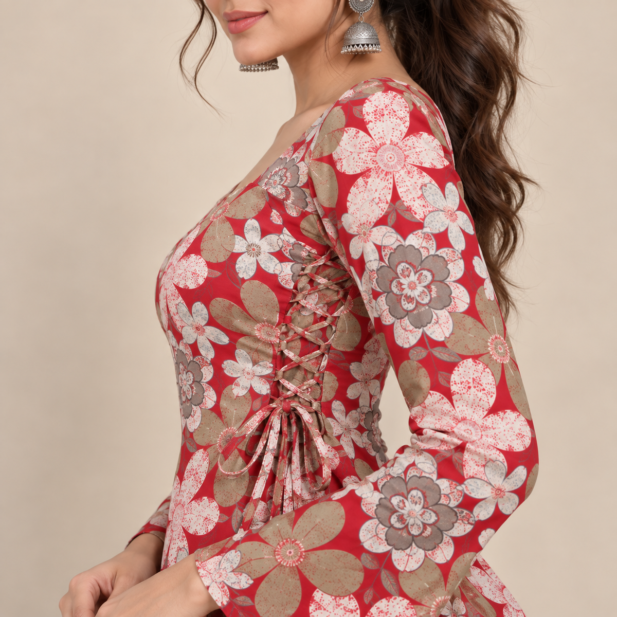 Floral Red- Side Corset Kurti