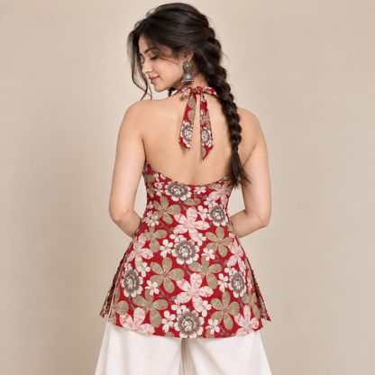 Floral Red- Halter Neck Kurti