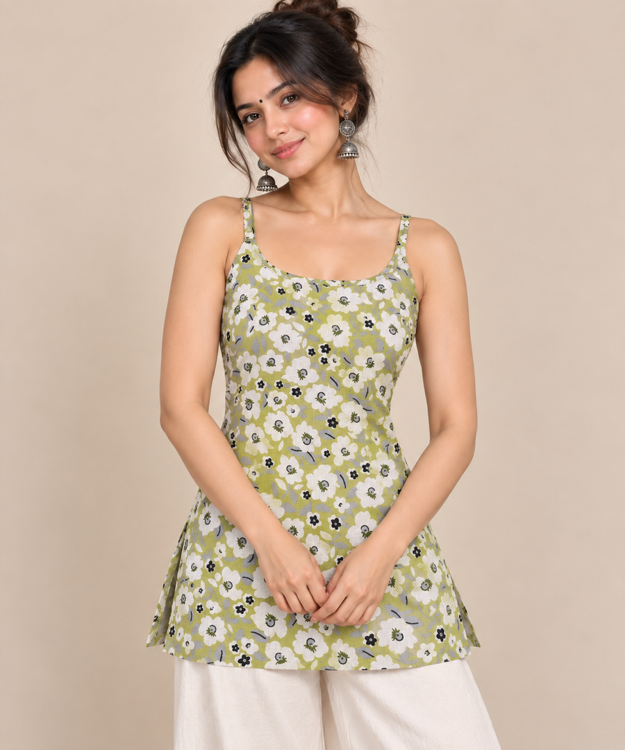Pistachio Green Floral- Sleeveless Kurti
