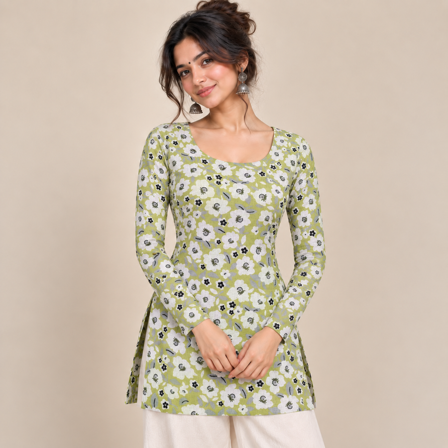 Pistachio Green Floral- Boat Neck Kurti