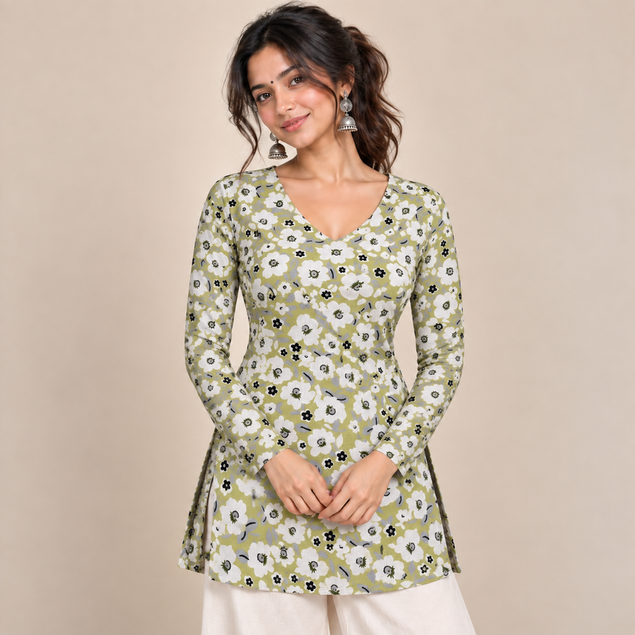 Pistachio Green Floral- Straight Sleeve Kurti