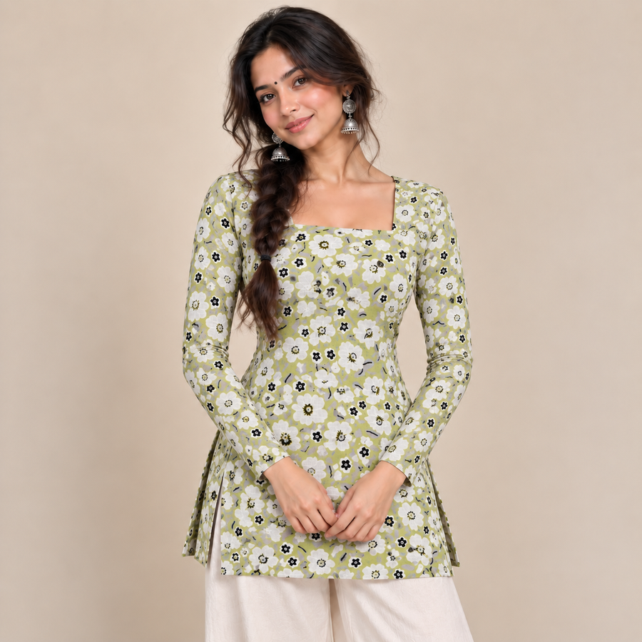 Pistachio Green Floral- Square Neck Kurti
