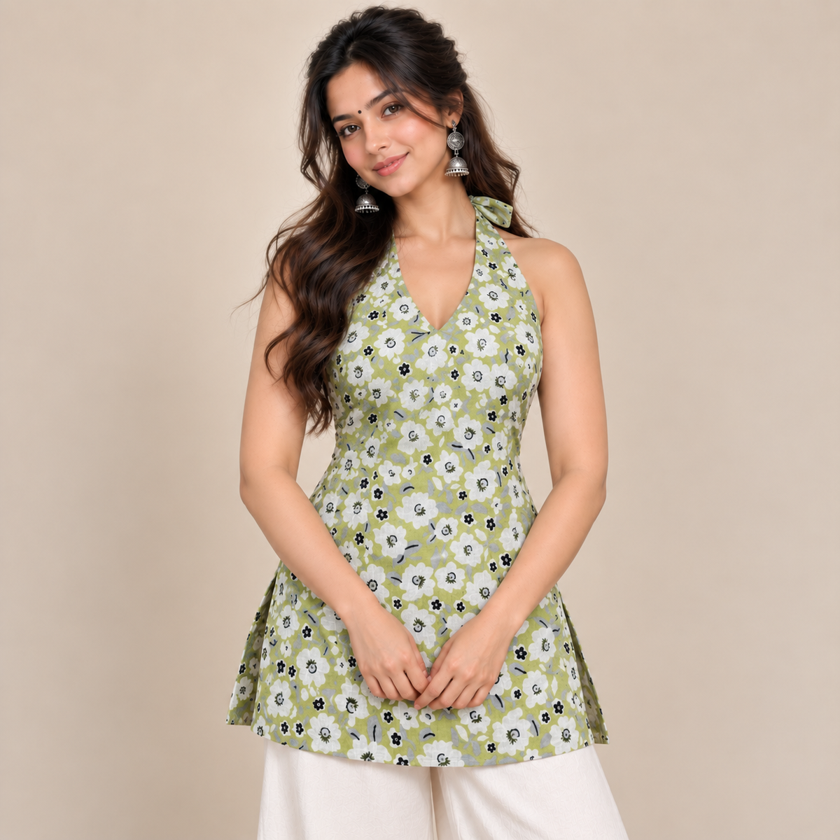 Pistachio Green Floral- Halter Neck Kurti