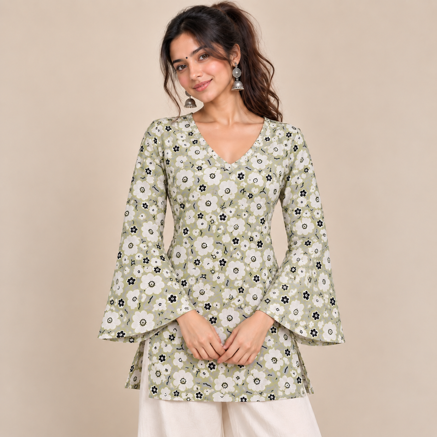 Pistachio Green Floral- Bell Sleeve Kurti