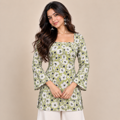 Pistachio Green Floral- Corset Back Kurti