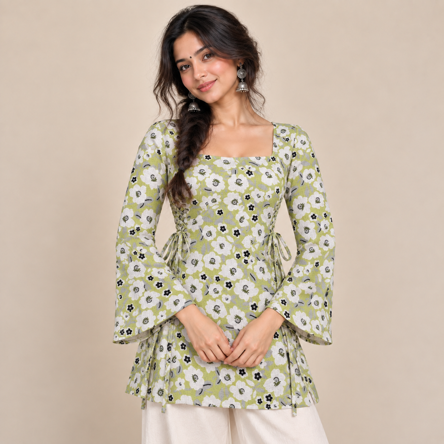 Pistachio Green Floral- Side Corset Kurti