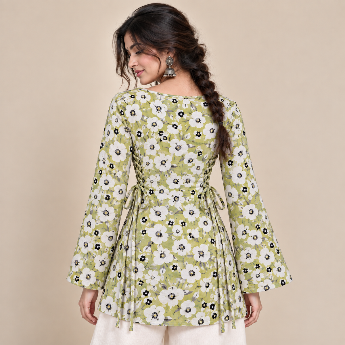 Pistachio Green Floral- Side Corset Kurti