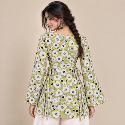 Pistachio Green Floral- Side Corset Kurti