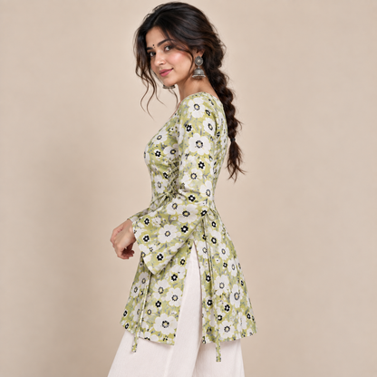 Pistachio Green Floral- Side Corset Kurti