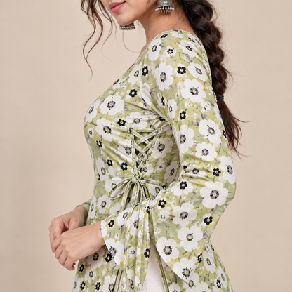 Pistachio Green Floral- Side Corset Kurti