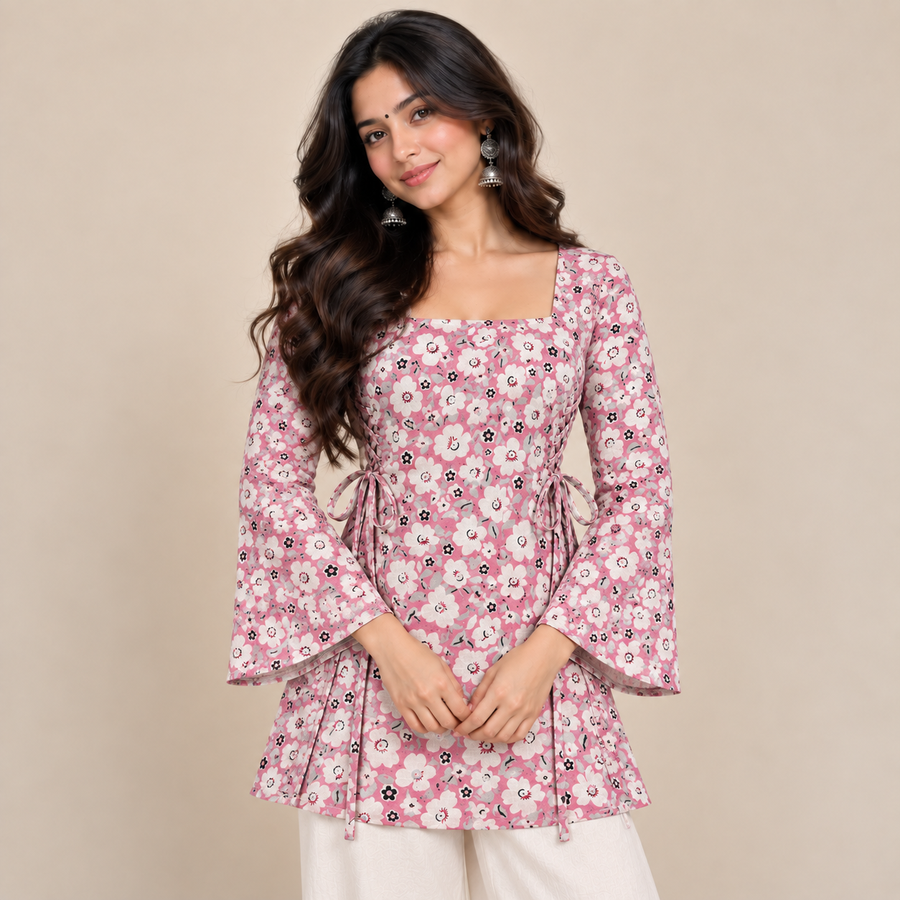 Blush Pink Floral- Side Corset Kurti