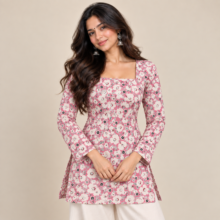 Blush Pink Floral- Square Neck Kurti