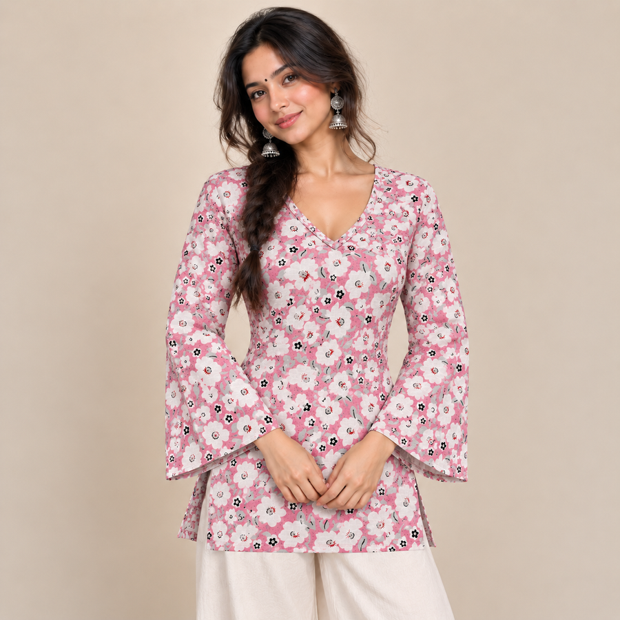 Blush Pink Floral- Bell Sleeve Kurti