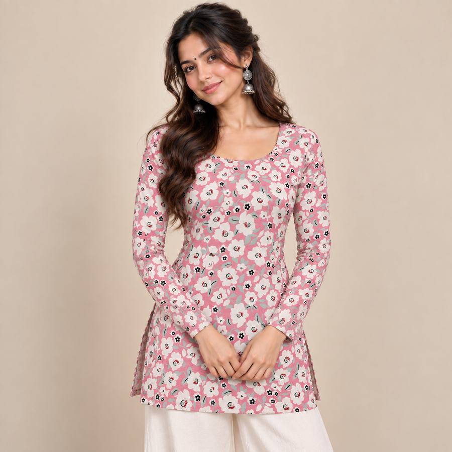 Blush Pink Floral- Boat Neck Kurti