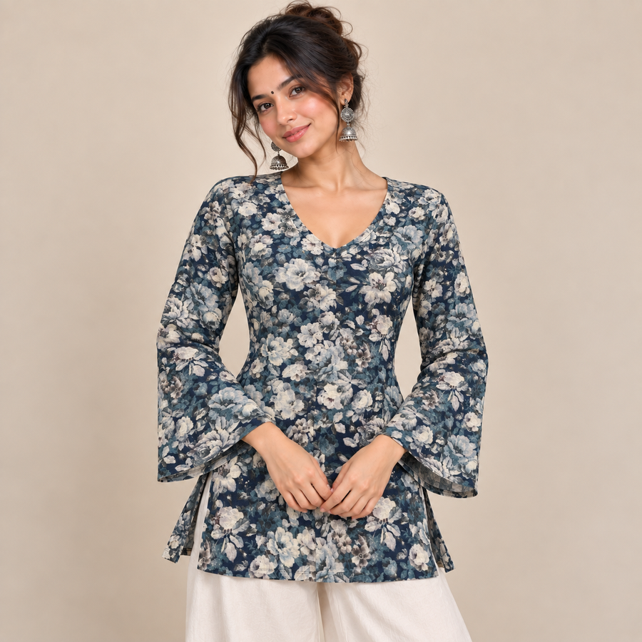 Floral Navy- Bell Sleeve Kurti