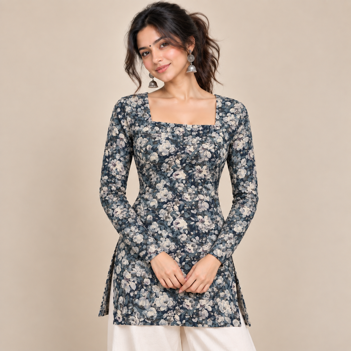 Floral Navy- Square Neck Kurti