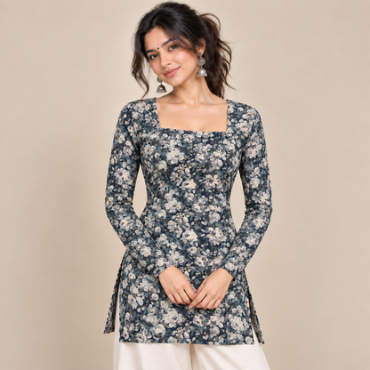 Floral Navy- Square Neck Kurti