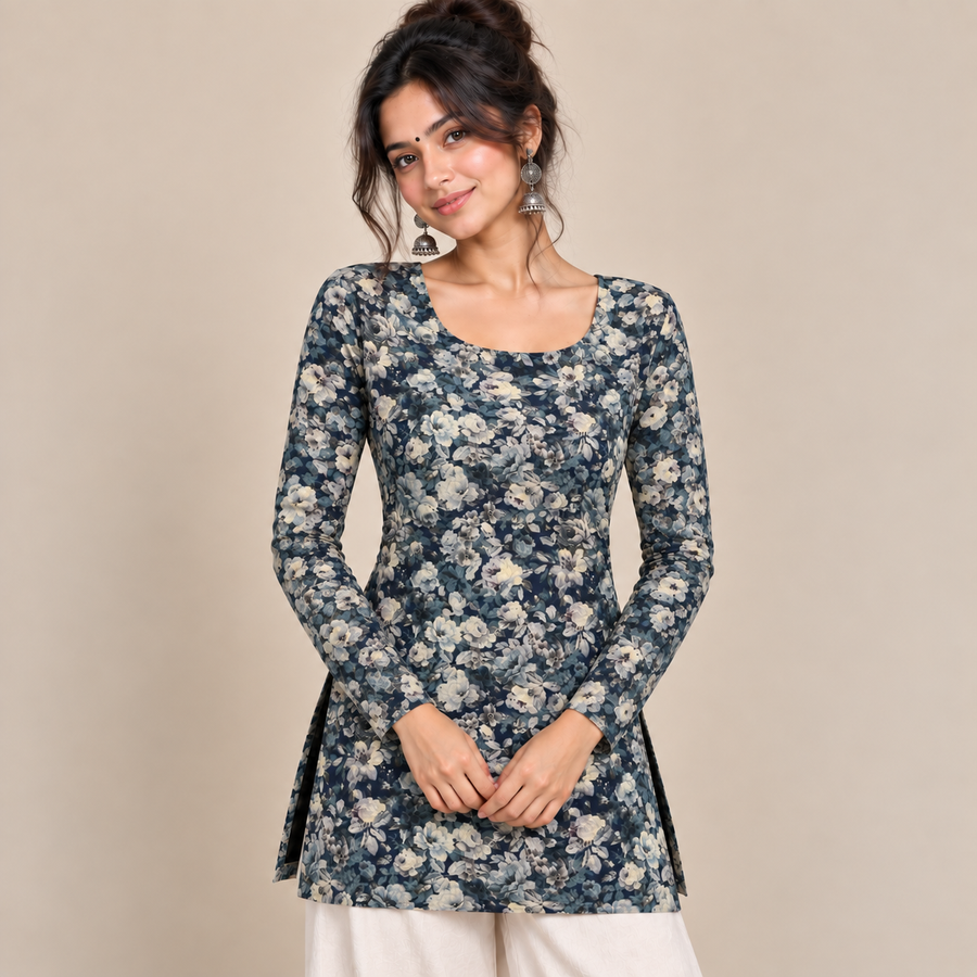 Floral Navy- Boat Neck Kurti
