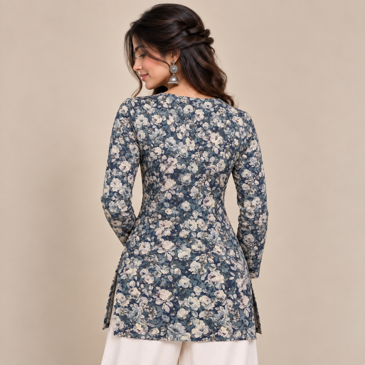 Floral Navy- Straight Sleeve Kurti