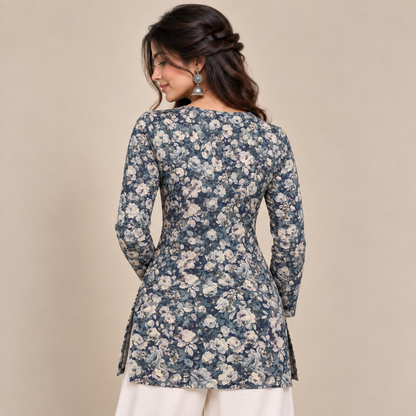 Floral Navy- Straight Sleeve Kurti