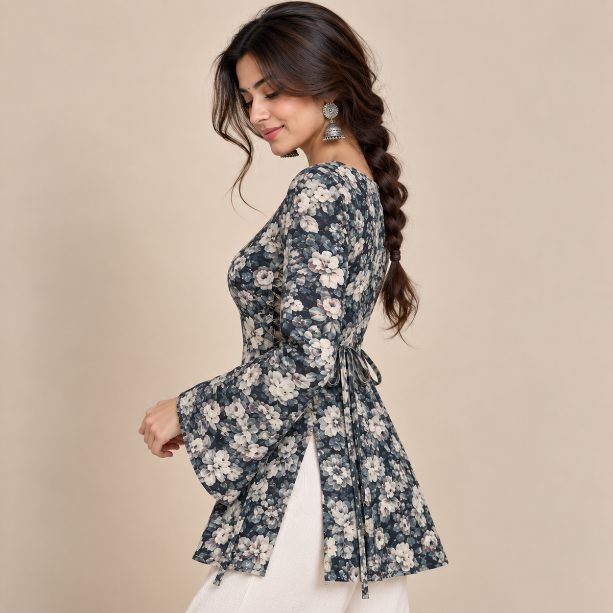 Floral Navy- Side Corset Kurti