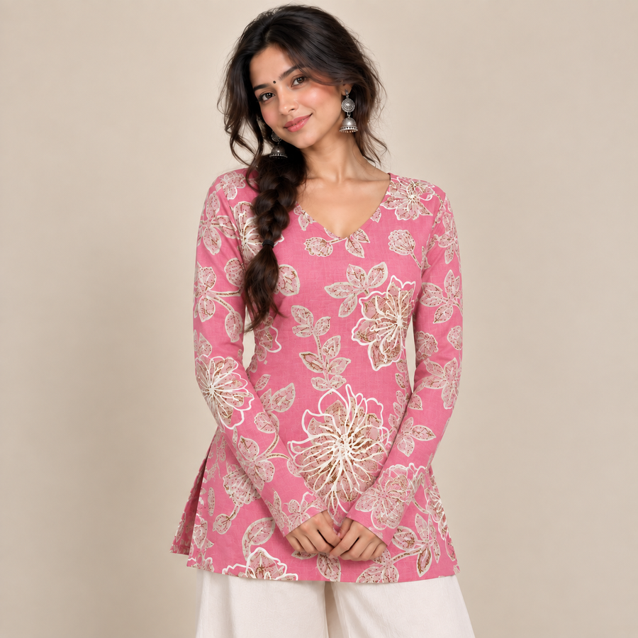 Rose Petal Floral- Straight Sleeve Kurti