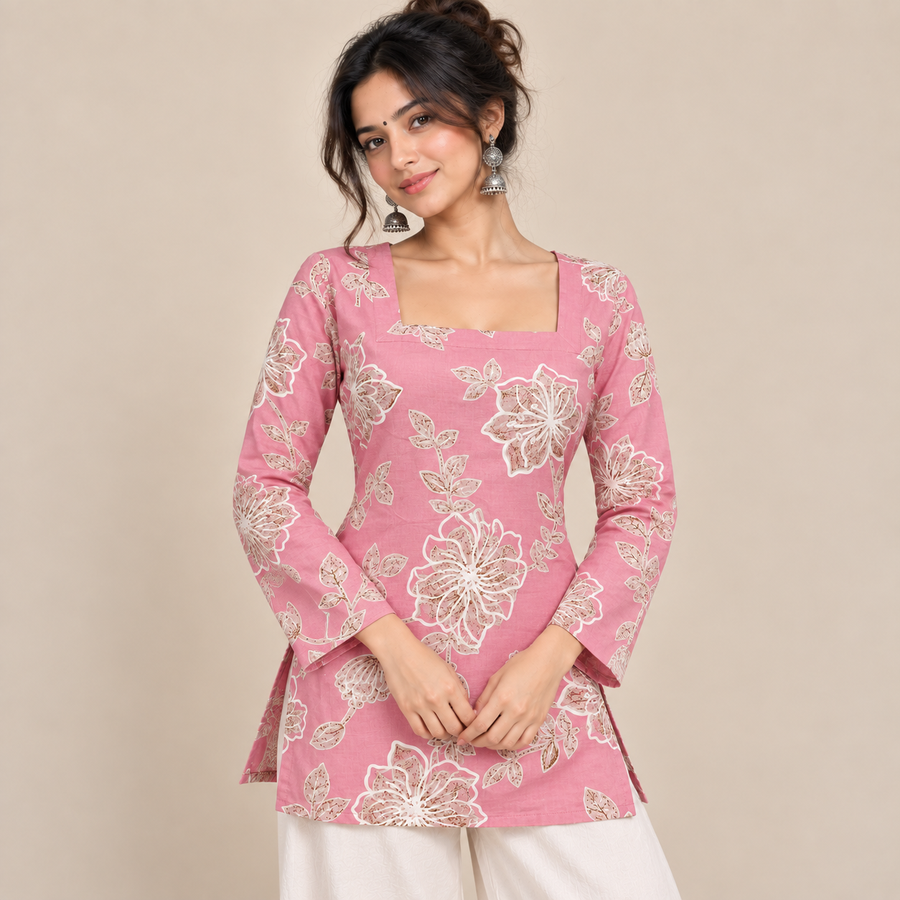 Rose Petal Floral- Square Neck Kurti