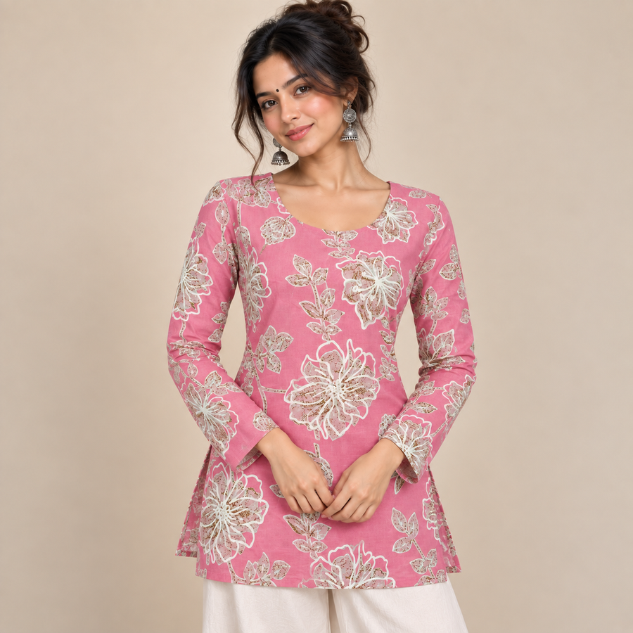 Rose Petal Floral- Boat Neck Kurti